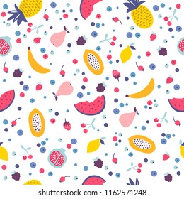 Vector seamless pattern with cartoon colorful fruits and berries. Cartoon fruit illustration. Perfect for wrap paper, wallpaper, background, fabric print.