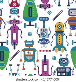 Vector seamless pattern with cartoon colorful robots on a white background. 