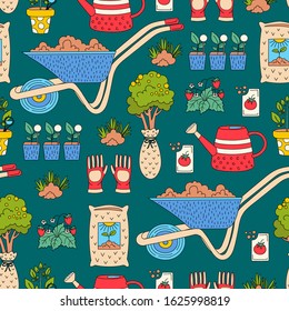 Vector seamless pattern with cartoon colorful symbols of garden, gardening tools, agriculture, equipment, plants, trees and seedlings