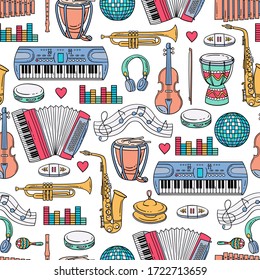 Vector seamless pattern with cartoon colorful musical instruments and sound symbols. Background on the theme of music