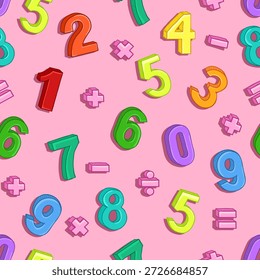 Padrão sem emenda do vetor de figuras coloridas dos desenhos animados e sinais matemáticos no fundo rosa
