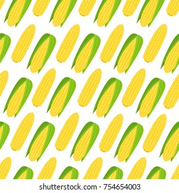 Vector seamless pattern with cartoon corn isolated on white. Bright tasty vegetables. Illustration used for magazine, kitchen textile, greeting cards, menu cover, web pages.