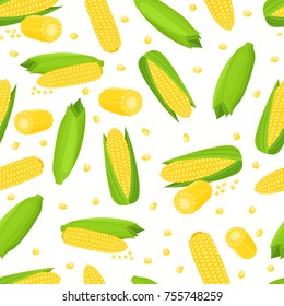 Vector seamless pattern with cartoon corn isolated on white. Bright tasty vegetables. Illustration used for magazine, kitchen textile, greeting cards, menu cover, web pages.