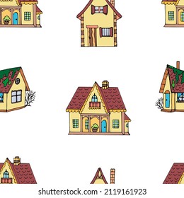 vector seamless pattern with cartoon cottages