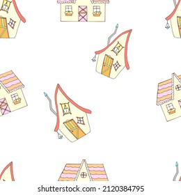 vector seamless pattern with cartoon cottages