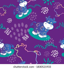 Vector Seamless pattern with cartoon cows, bulls. Decorative elements on a neutral background. Flat colorful vector for kids. hand drawing. animals. children's design for fabric, textiles, wrappers, 