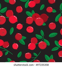 Vector seamless pattern with cartoon cranberries with green leaves isolated on black. Bright berries branch. Cute illustration used for magazine or book, poster and card, menu cover, web pages.