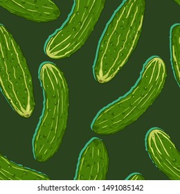 Vector Seamless Pattern of Cartoon Cucumbers on Green Background