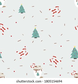 Vector seamless pattern cartoon cup of hot chocolate with candy cane and and cute ornament decoration on blue background.