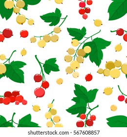 Vector seamless pattern with cartoon currant berries with green leaves isolated on white background. Bright berries branch. Illustration used for magazine, book, poster, card, menu cover, web pages.