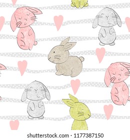 Vector seamless pattern with cartoon cute bunnies