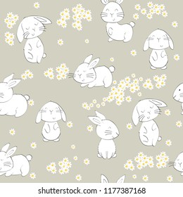 Vector seamless pattern with cartoon cute bunnies