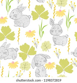 Vector seamless pattern with cartoon cute bunnies