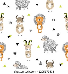Vector seamless pattern with cartoon cute animal and funny clouds in scandinavian style for kids. Perfect for baby shower, postcard, label, brochure, flyer, page, banner design.