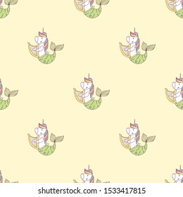 Vector seamless pattern with cartoon cute drawing Unicorn Mermaid playing on harp