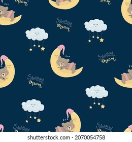 Vector seamless pattern cartoon cute bear girl sleeping on the moon and clouds with stars. Teddy bear sweet dreams  illustration is suitable for baby textiles, t-shirts, clothes, room decor.
