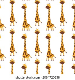 Vector Seamless Pattern. Cartoon Cute and Happy Giraffes in Flat Style on White Background. Repeating Seamless Giraffe Texture. Safari Wild Animal Backgdrop for Child Apparel Textile, Kids Design