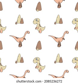 Vector seamless pattern with cartoon cute dinosaurs and stones in gentle colors. Nice illustration for kids decor, children wallpaper, fabric, textile.
