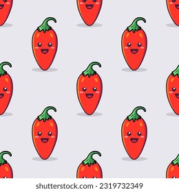 Vector Seamless Pattern with Cartoon Cute and Funny Red Hot Chili Peppers. Kawaii Style. Fresh Chili Hot Pepper with Smiling Face, Happy Emotion. Vector Illustration