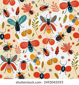 Vector seamless pattern cartoon cute image of insects butterfly, beetle, moth, garden flower, leaf