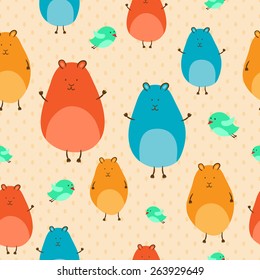 Vector Seamless Pattern With Cartoon Cute Hamsters And Birds. Endless Background For Children Wallpapers, Blog, Web Design, Scrapbooks, Textile.