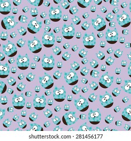 Vector seamless pattern with cartoon cute owls on violet background