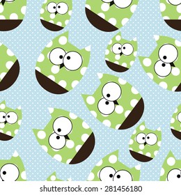 Vector seamless pattern with cartoon cute owls on polka dots blue background