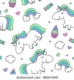 vector seamless pattern of cartoon cute unicorn with rainbow, clouds and sweets