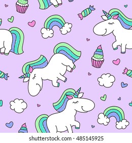 vector seamless pattern of cartoon cute unicorn with rainbow, clouds and sweets
