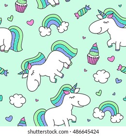 vector seamless pattern of cartoon cute unicorn with rainbow, clouds and sweets