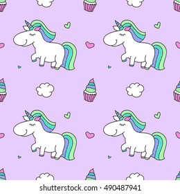 vector seamless pattern of cartoon cute unicorns with clouds and cakes