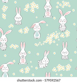 Vector seamless pattern with cartoon cute bunny