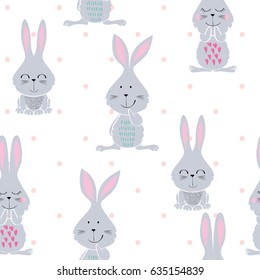 Vector seamless pattern with cartoon cute bunny