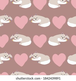 Vector seamless pattern cartoon decorative design of cute cats with hearts in pastel pink colors. The design is perfect for backgrounds, wallpapers, wrapping paper, pyjamas, textiles, surfaces. 