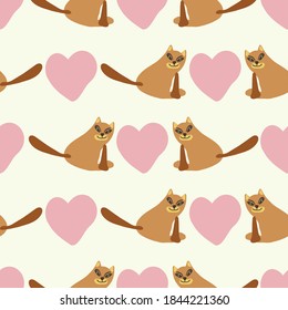 Vector seamless pattern cartoon decorative design of cute cats with hearts in pastel colors. The design is perfect for backgrounds, wallpapers, wrapping paper, pyjamas, textiles, surfaces. 