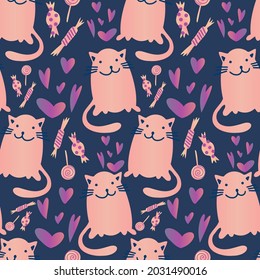 Vector seamless pattern cartoon decorative design cute cats in pastel tones with hearts on dark background. The design is perfect for backgrounds, wallpapers, wrapping paper, pyjamas, textiles