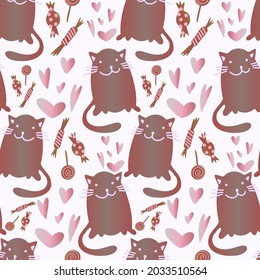 Vector seamless pattern cartoon decorative design cute cats in pastel tones with hearts. The design is perfect for backgrounds, wallpapers, wrapping paper, pyjamas, textiles, surfaces. 