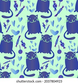 Vector seamless pattern cartoon decorative design cute cats in pastel blue and green tones with hearts. The design is perfect for backgrounds, wallpapers, wrapping paper, pyjamas, textiles, surfaces. 