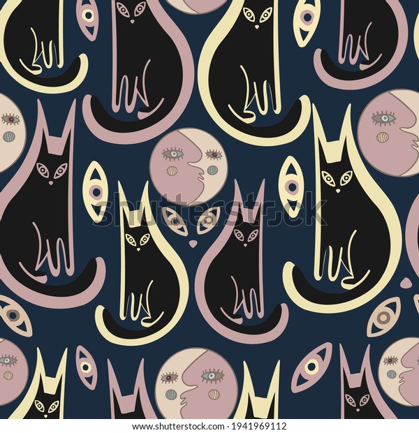Vector seamless pattern cartoon decorative\
design cute lined black cats and moons in lines in dark tones. The\
design is perfect for backgrounds, wallpapers, wrapping paper,\
pijamas, textiles,\
surfaces