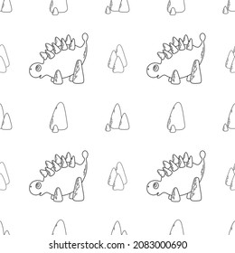 Vector seamless pattern with cartoon dinosaur and leaves. Children cute character. Nice illustration for -ring, fabric, textile, wallpaper, children creativity, kids decor.