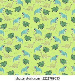 Vector seamless pattern with cartoon dinosaurs. Hand drawn doodle background for kids.