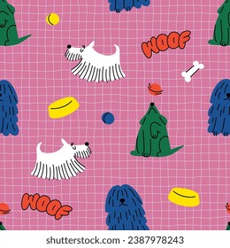 Vector Seamless Pattern with Cartoon Dogs in Doodle Style. Funny and Cute Hand Drawn Dog Characters Repeated on Pink Checkered Background