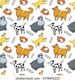 Vector seamless pattern with cartoon doodle style dogs collie, bobtail, dachshund, dalmatian. White background. For wrapping paper, fabrics, prints,kids textile.Bright animal design