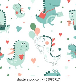 Vector seamless pattern with cartoon dragons. Cute smiling dragons. 