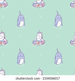 Vector seamless pattern with cartoon drawing unicorn swimming  in inflatable ring and narwhal 