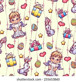 Vector seamless pattern of cartoon Easter elements