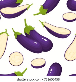 Vector seamless pattern with cartoon eggplants isolated on white. Bright tasty vegetables. Illustration used for magazine, kitchen textile, greeting cards, menu cover, web pages.