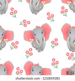 Vector seamless pattern of cartoon elephant with flowers on a white background.