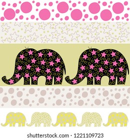 Vector seamless pattern with cartoon elephants. Vector illustration with cartoon elephants. Print for wallpaper and textiles. Vector textile fabric print