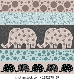 Vector seamless pattern with cartoon elephants. Vector illustration with cartoon elephants. Print for wallpaper and textiles. The template for the cover fabric, books.